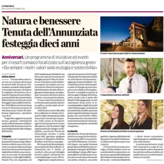 LA PROVINCIA - Natura e Benessere Tenuta de l'Annunziata festeggia dieci anni