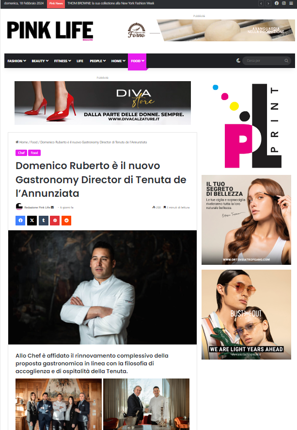 PINK LIFE I Domenico Ruberto è il nuovo Gastronomy Director di Tenuta de l’Annunziata